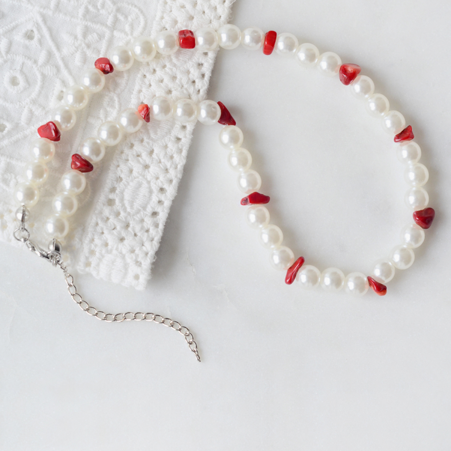 Red coral broken natural stone choker pearl necklace - 1