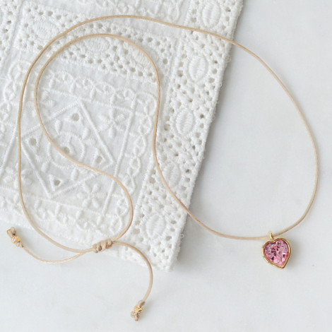 Gold plated light pink swarovski heart adjustable rope necklace - Bimotif