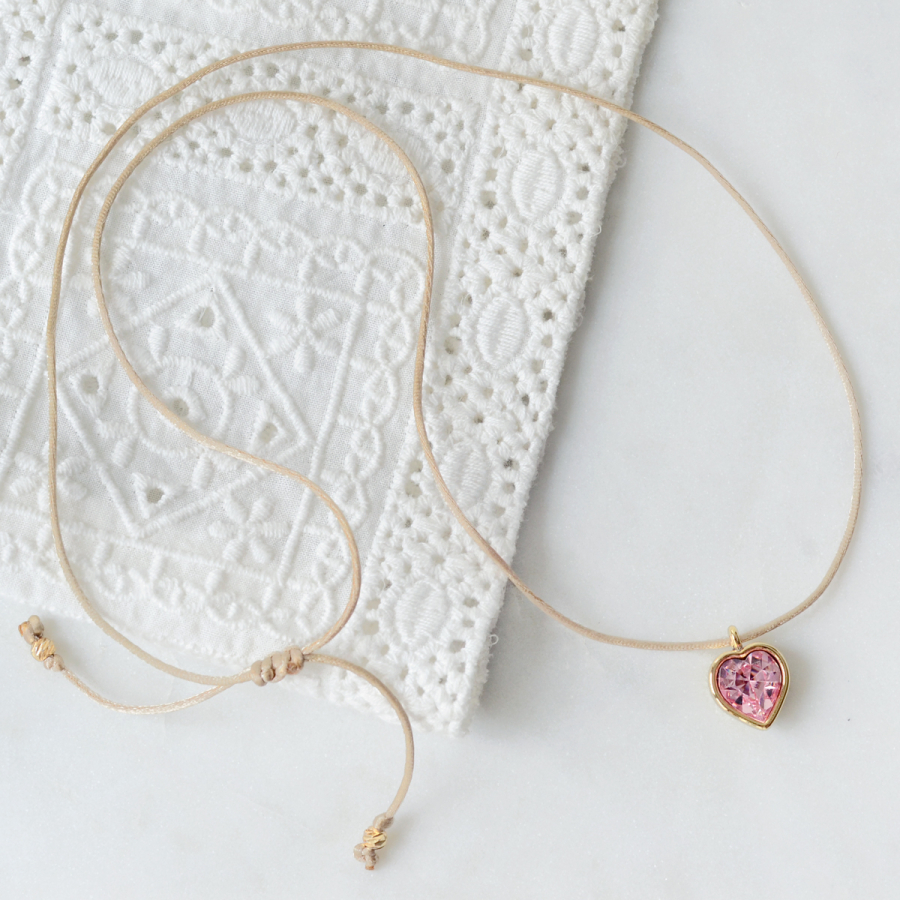 Gold plated light pink swarovski heart adjustable rope necklace - 1
