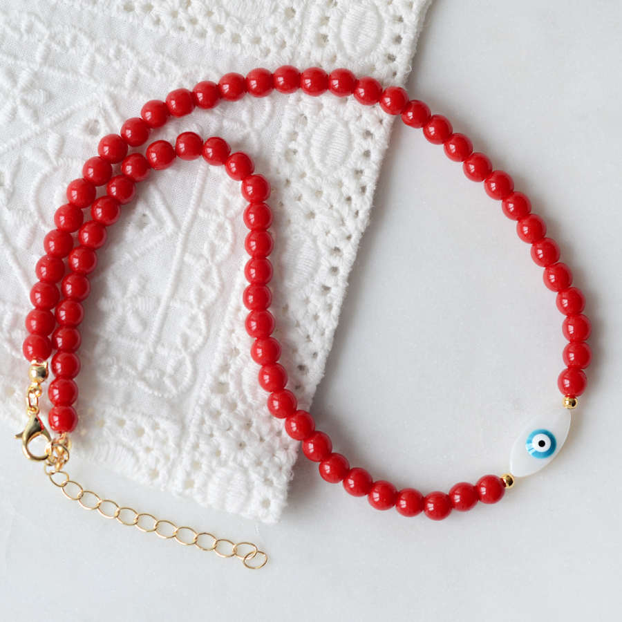 Gold-plated ball red jade bead necklace with pearl eye evil eye - 1
