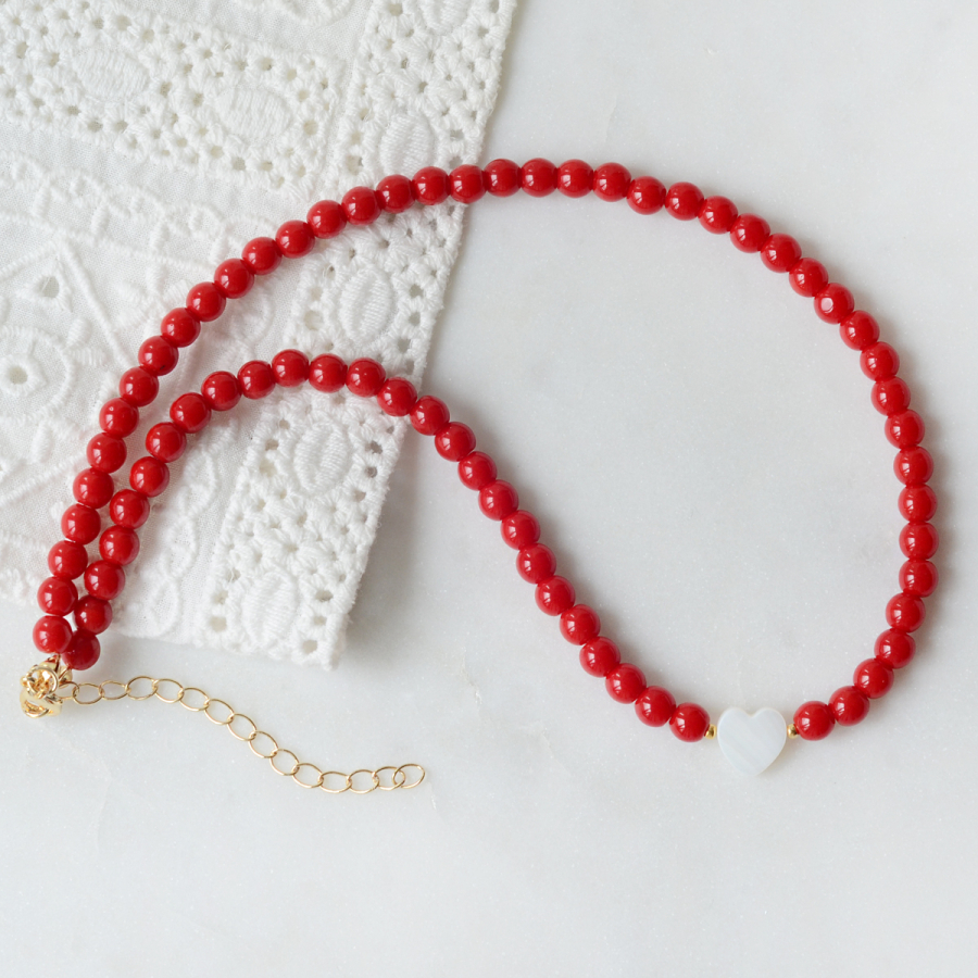 Red jade bead necklace with pearl heart on the side - 1