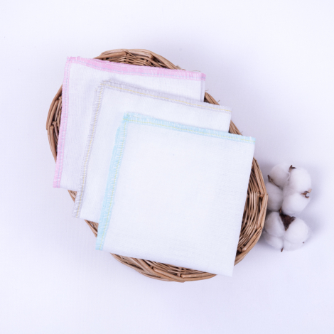 Thin cotton fabric with Colorful overlock edges, 3 pcs baby wipes set 25x25 cm / 3 pcs - Bimotif