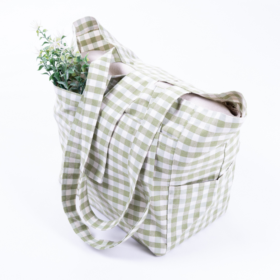 Woven gingham fabric, picnic bag with velcro closure 35x51x22 cm / Green - 1