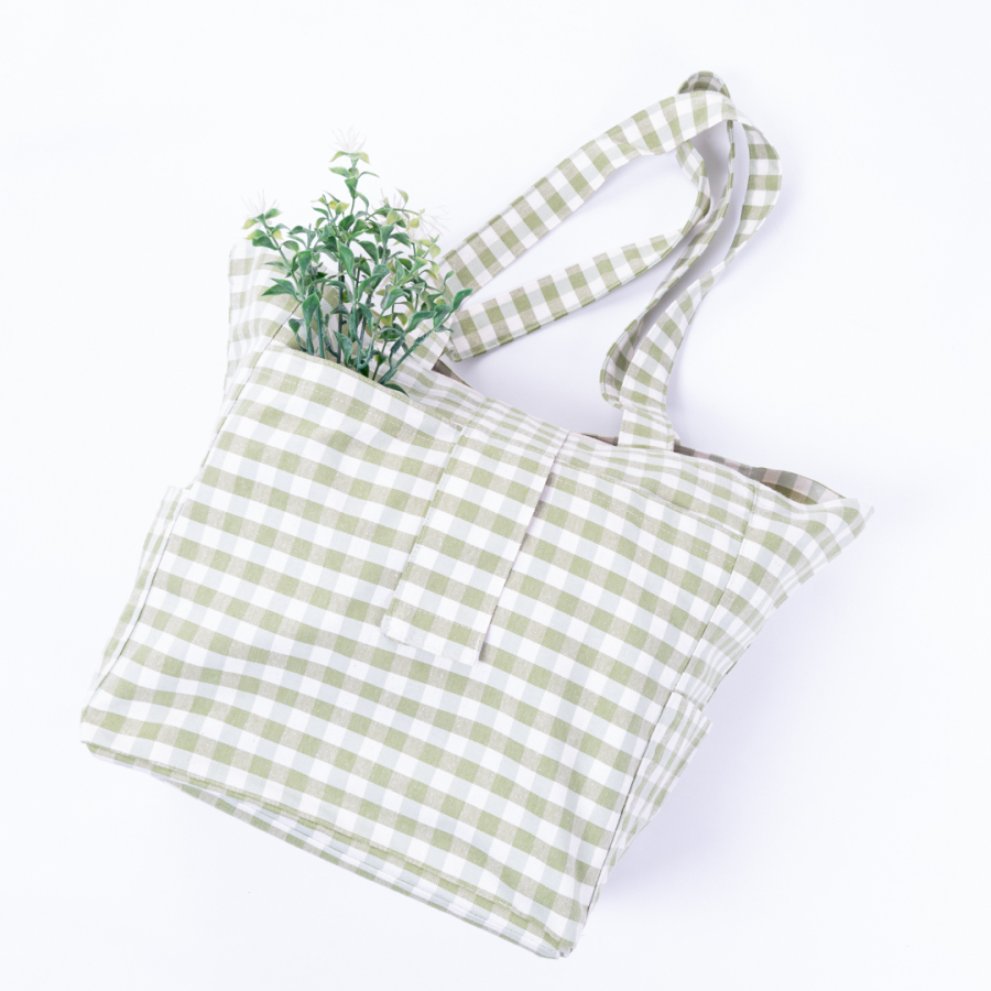 Woven gingham fabric, picnic bag with velcro closure 35x51x22 cm / Green - 4