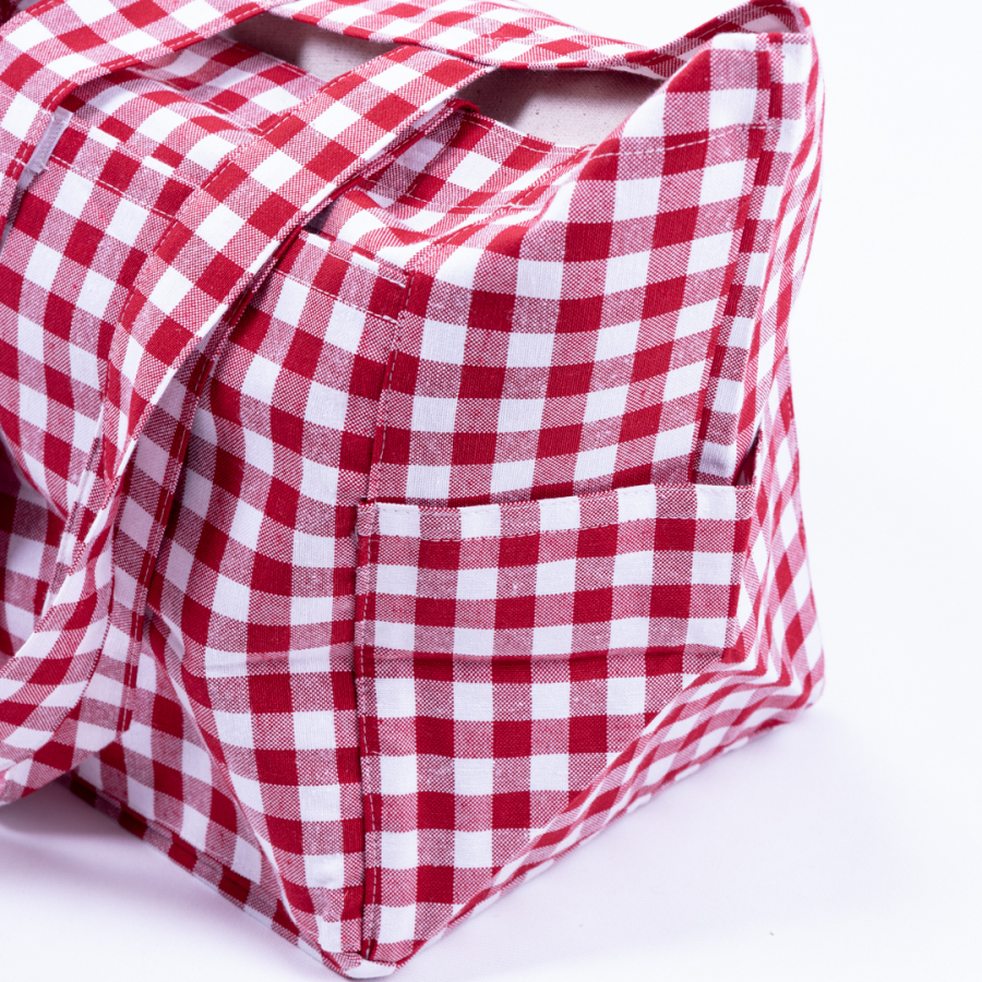 Woven gingham fabric, picnic bag with velcro closure 35x51x22 cm / Red - 2