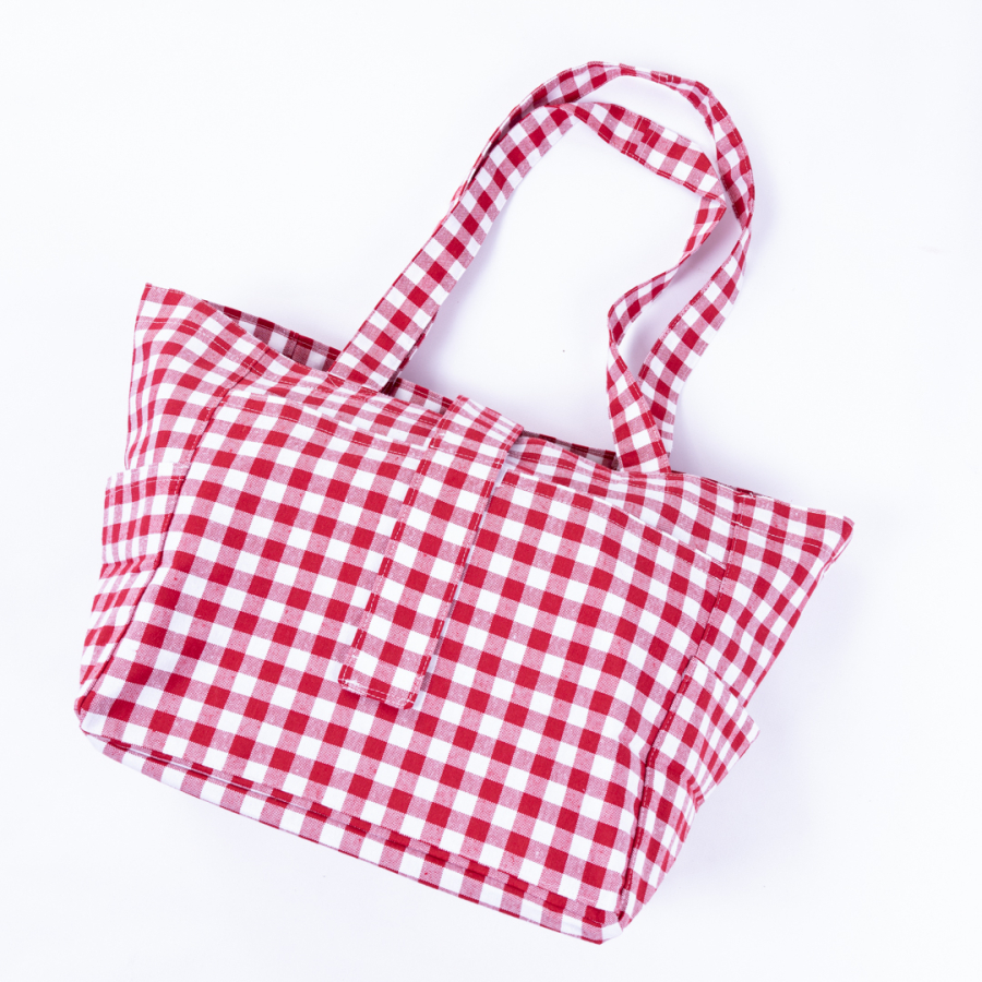 Woven gingham fabric, picnic bag with velcro closure 35x51x22 cm / Red - 4