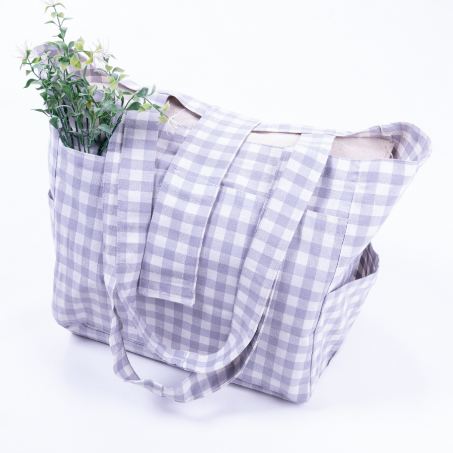 Woven gingham fabric, picnic bag with velcro closure 35x51x22 cm / Grey - 1