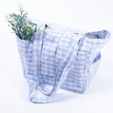 Woven gingham fabric, picnic bag with velcro closure 35x51x22 cm / Light Blue - Bimotif