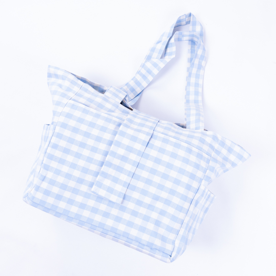 Woven gingham fabric, picnic bag with velcro closure 35x51x22 cm / Light Blue - 4