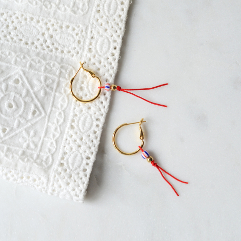 Striped beaded gold plated ball red rope hoop earrings - Bimotif