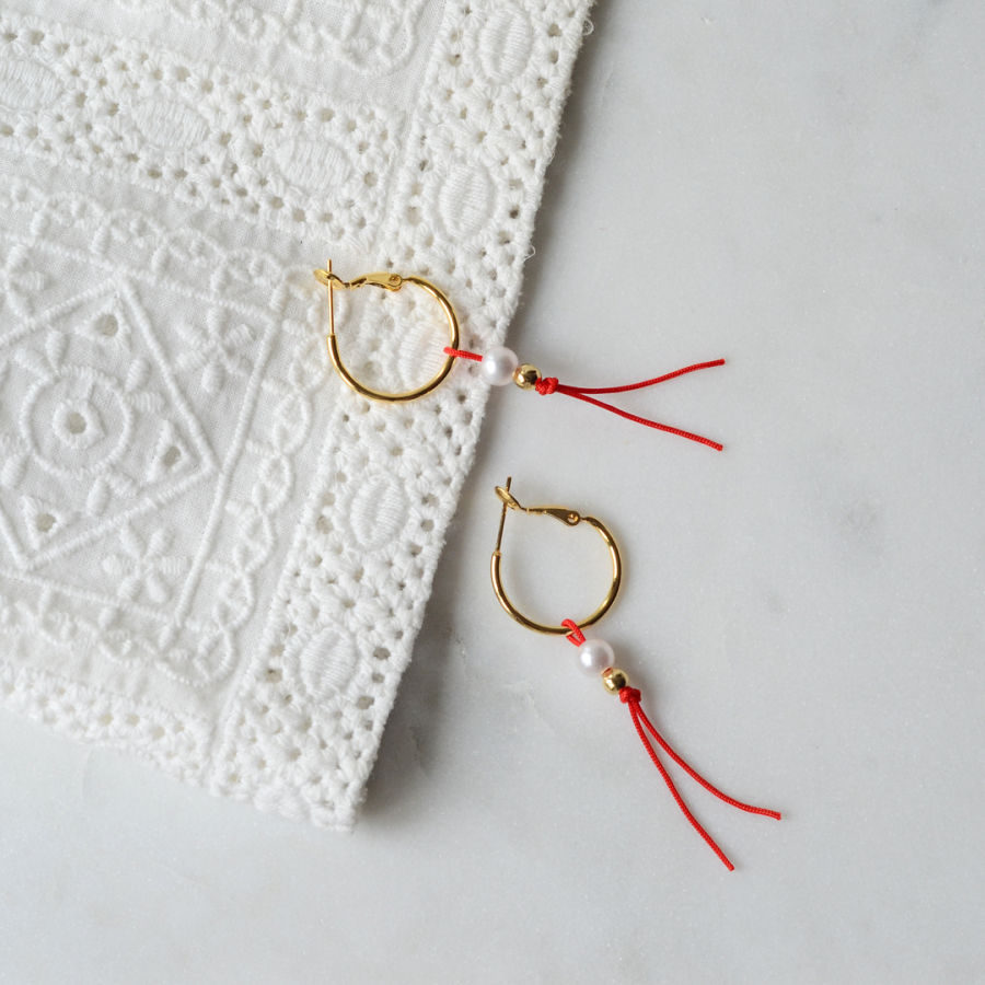 Gold-plated hoop earrings with pearls, gold-plated ball red rope - 1