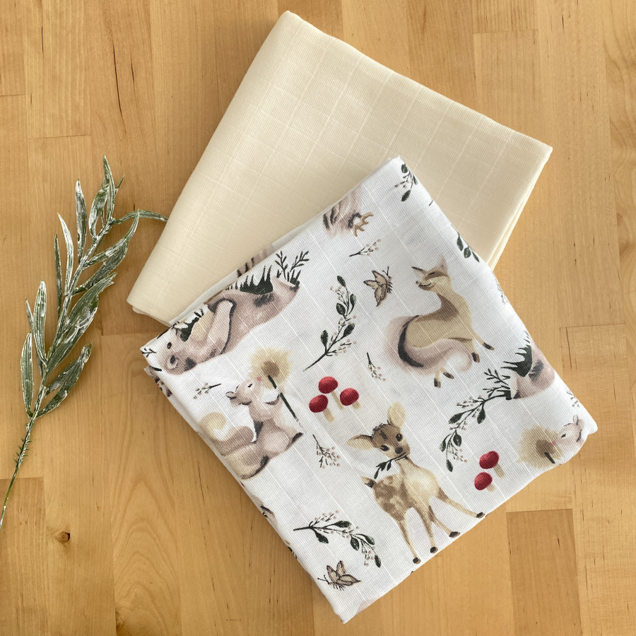 Muslin fabric deer and squirrel patterned baby blanket set, 2 pcs / 80x80 cm - 1