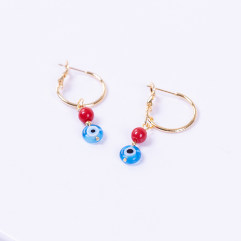 Light blue Murano glass gold plated hoop earrings with evil eye and red jade beads - Bimotif