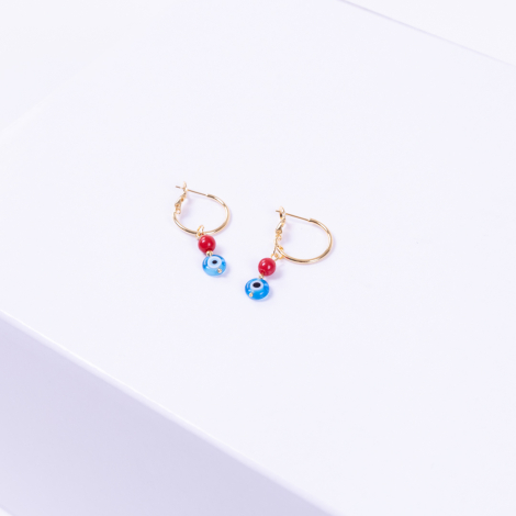 Light blue Murano glass gold plated hoop earrings with evil eye and red jade beads - Bimotif (1)