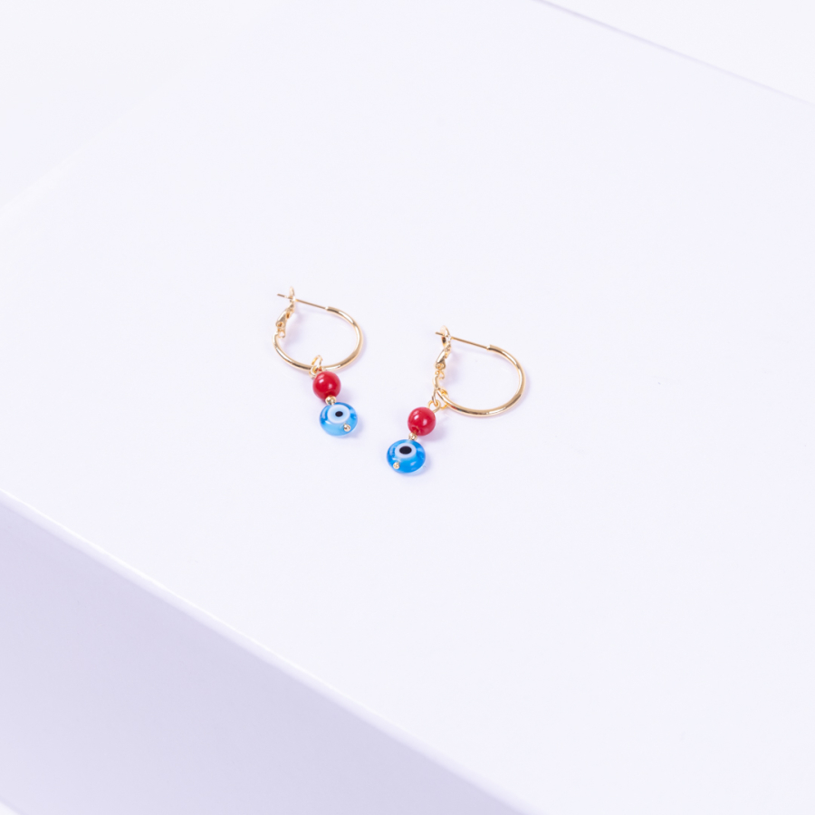 Light blue Murano glass gold plated hoop earrings with evil eye and red jade beads - 2