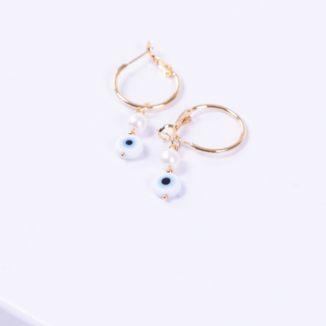 White Murano glass gold plated hoop earrings with evil eye beads and pearls - Bimotif
