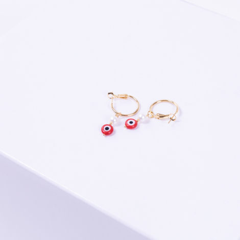 Red Murano glass gold plated hoop earrings with evil eye beads and pearls - 2