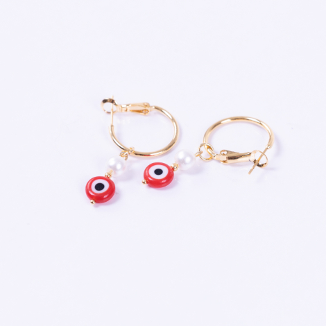 Red Murano glass gold plated hoop earrings with evil eye beads and pearls - Bimotif