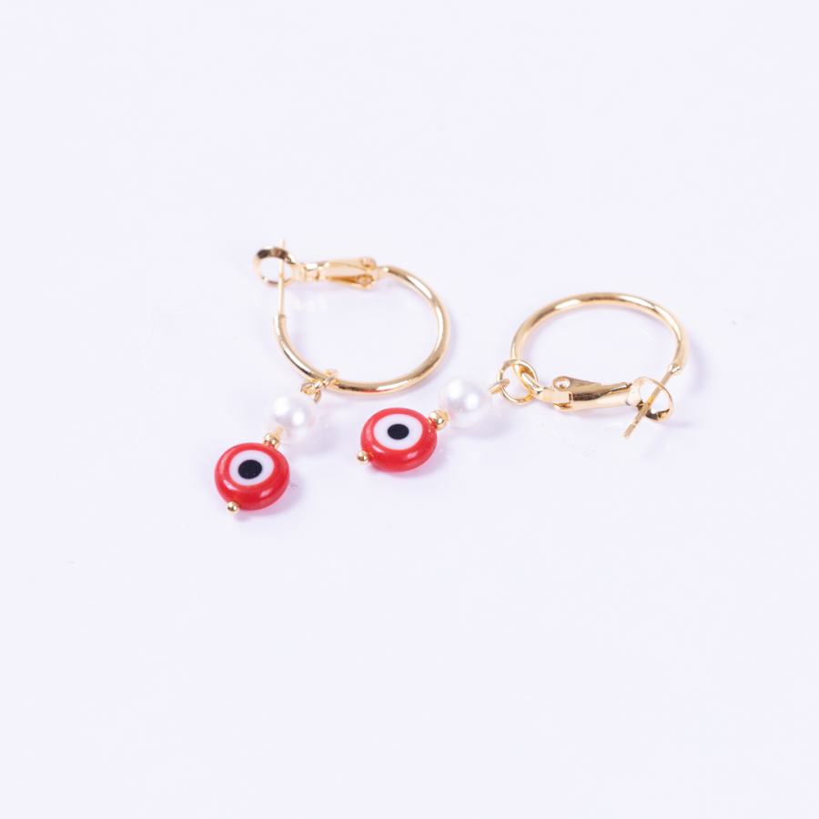Red Murano glass gold plated hoop earrings with evil eye beads and pearls - 1