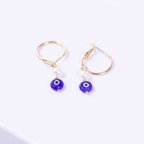 Dark blue Murano glass gold plated hoop earrings with evil eye beads and pearls - Bimotif