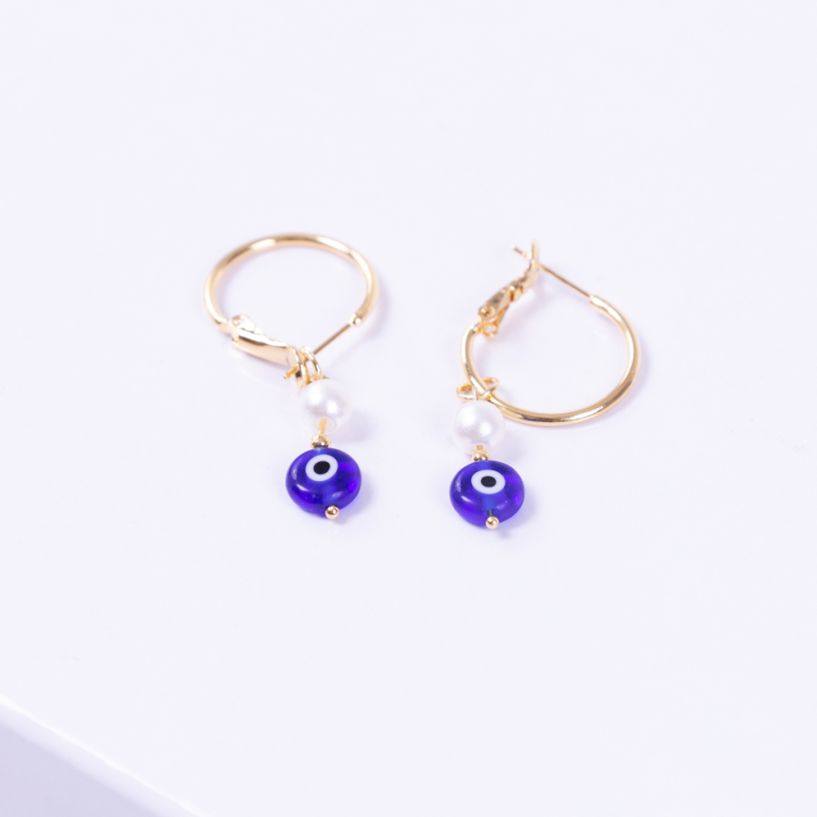 Dark blue Murano glass gold plated hoop earrings with evil eye beads and pearls - 1
