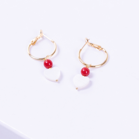 Gold-plated hoop earrings with pearl heart and red jade beads - Bimotif