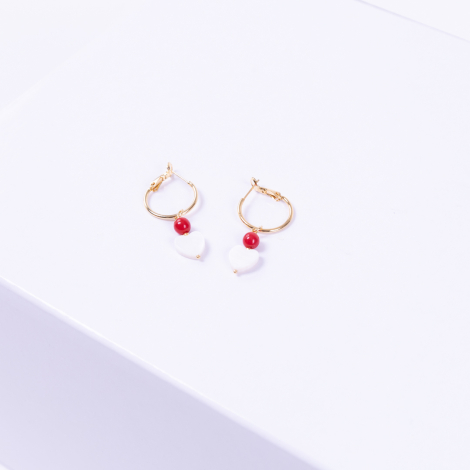 Gold-plated hoop earrings with pearl heart and red jade beads - 2