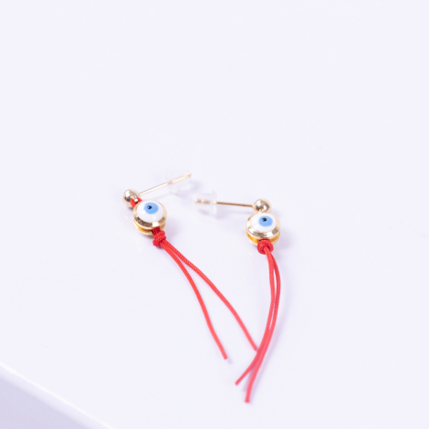 Gold plated stud earrings with evil eye beads and red thread screws - Bimotif