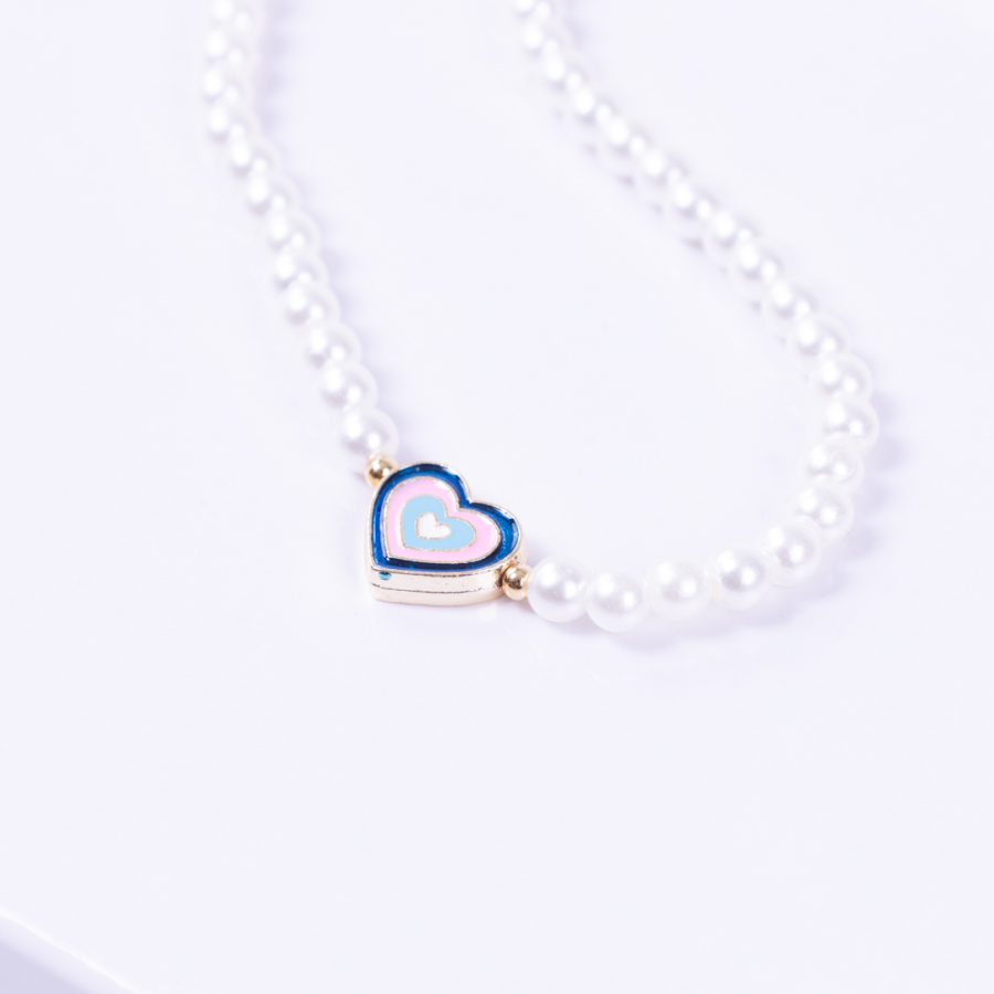 Gold-plated double-sided enamelled heart pearl necklace, blue pink - 1