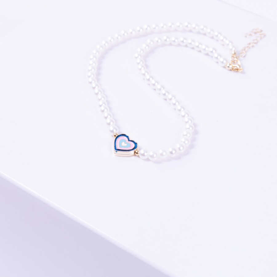 Gold-plated double-sided enamelled heart pearl necklace, blue pink - 2