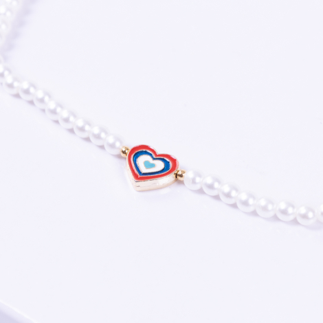 Gold-plated ball double-sided enamelled heart pearl necklace, red blue - Bimotif