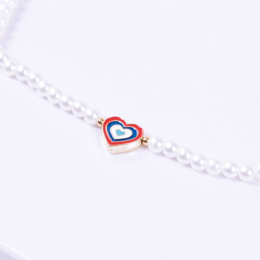 Gold-plated ball double-sided enamelled heart pearl necklace, red blue - 1