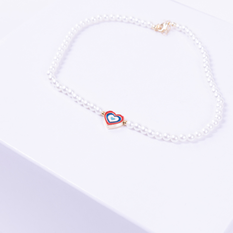 Gold-plated ball double-sided enamelled heart pearl necklace, red blue - Bimotif (1)