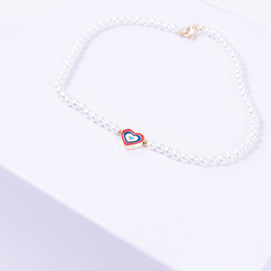 Gold-plated ball double-sided enamelled heart pearl necklace, red blue - 2