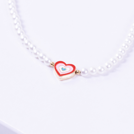 Gold-plated ball double-sided enamelled heart pearl necklace, red pink - Bimotif