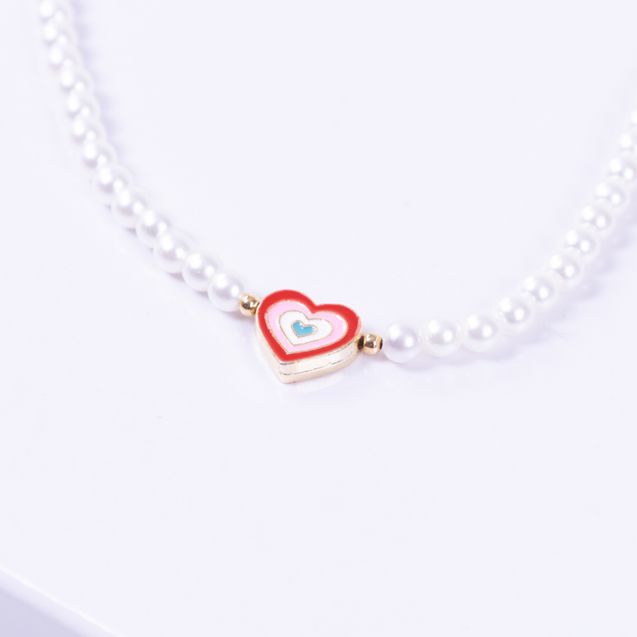 Gold-plated ball double-sided enamelled heart pearl necklace, red pink - 1