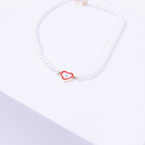Gold-plated ball double-sided enamelled heart pearl necklace, red pink - 2