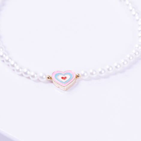 Gold-plated double-sided enamelled heart pearl necklace with enamelled hearts, pink blue - Bimotif