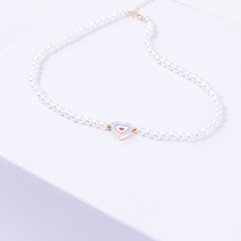 Gold-plated double-sided enamelled heart pearl necklace with enamelled hearts, pink blue - Bimotif (1)