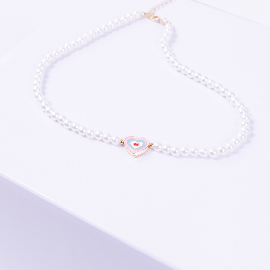 Gold-plated double-sided enamelled heart pearl necklace with enamelled hearts, pink blue - 2