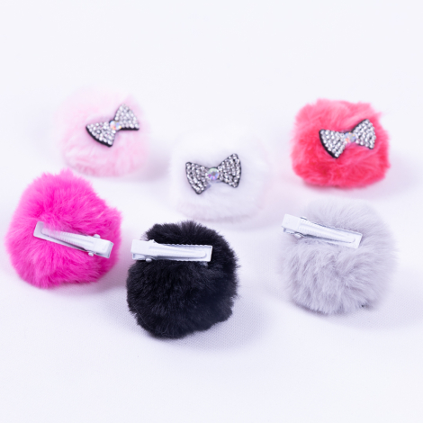 6 pcs Pompom hair clips with stones, mixed / 1 pack - Bimotif (1)