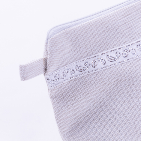 Poly linen fabric grey make-up bag with silver stripe detail - Bimotif (1)