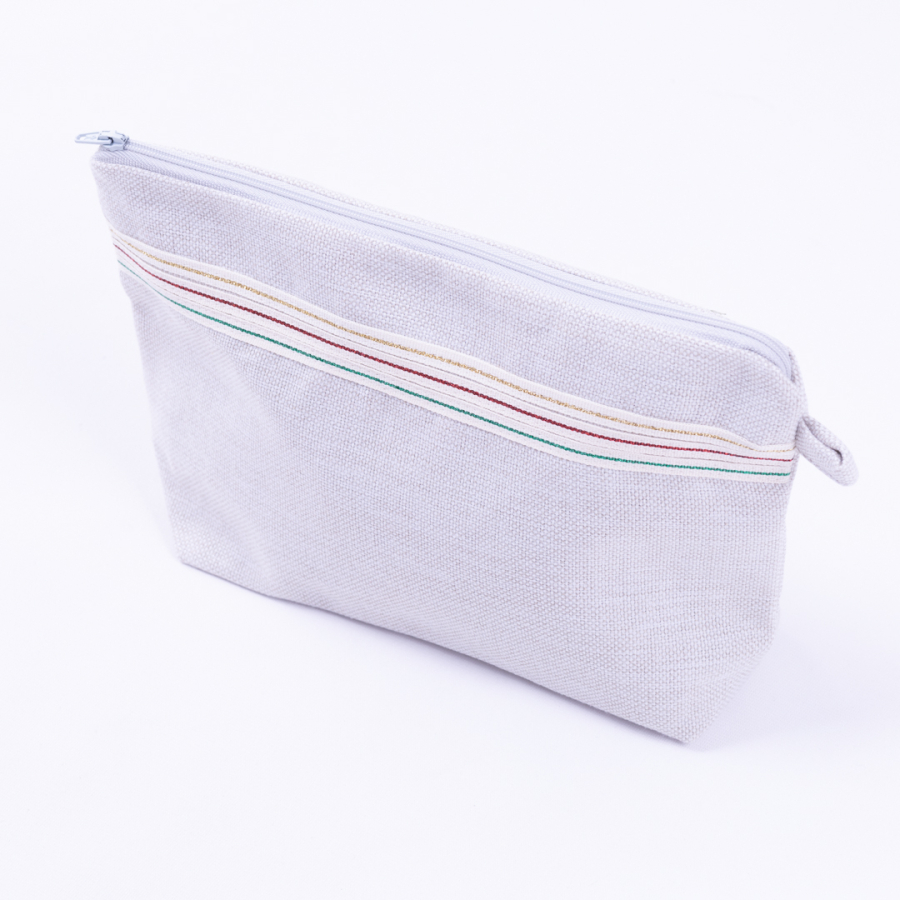 Grey make-up bag in poly linen fabric with mixed glitter stripe detail - 1