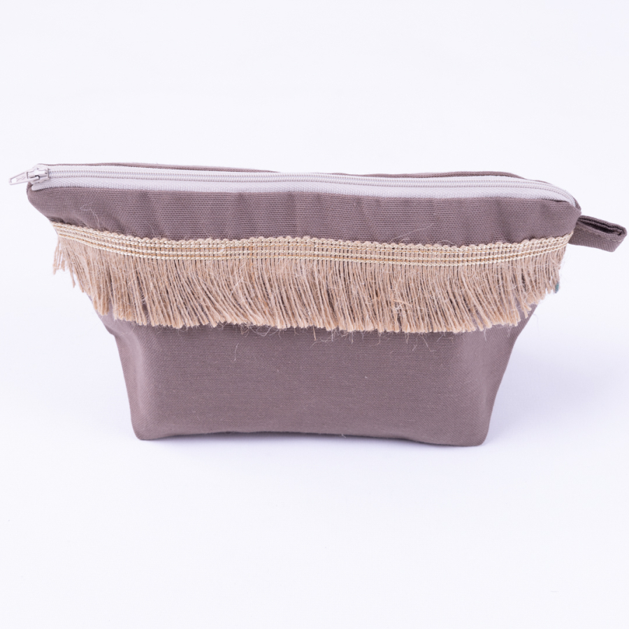 Dark brown make-up bag in water and stain resistant Duck fabric with jute lace stripe detail - 1
