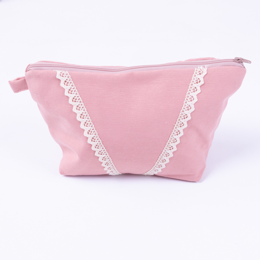 Pink make-up bag with lace stripe detail in water and stain resistant Duck fabric - 1