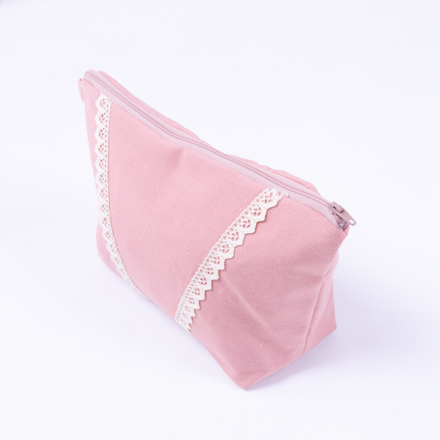 Pink make-up bag with lace stripe detail in water and stain resistant Duck fabric - 2