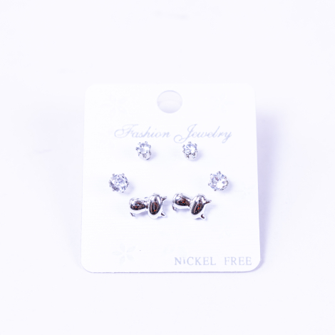 Silver-coloured set of 3 kinds of screw stud earrings, cat - Bimotif