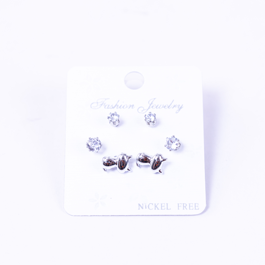 Silver-coloured set of 3 kinds of screw stud earrings, cat - 1