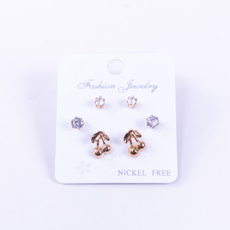 Gold coloured 3 assorted screw stud earring set, cherry - Bimotif