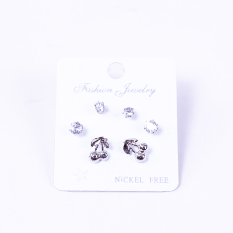 Silver coloured 3 assorted screw stud earring set, cherry - Bimotif